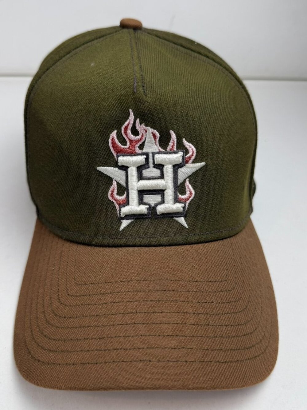 Houston Astros New Era 9FORTY A-Frame Hat Cap Olive Pink Brim As Is Faded Stain